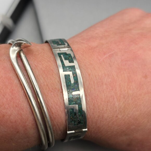 VTH Taxco Castaneda Sterling Silver Turquoise Bracelet 7" Aztec Geometric Inlay - Picture 7 of 10